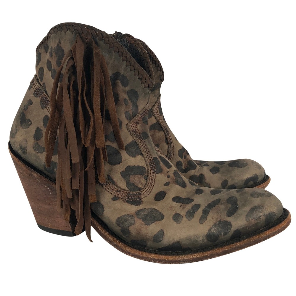LIBERTY BLACK Leopard Print Fringe Western Ankle Boots Sz 7 Brown Leather Boho